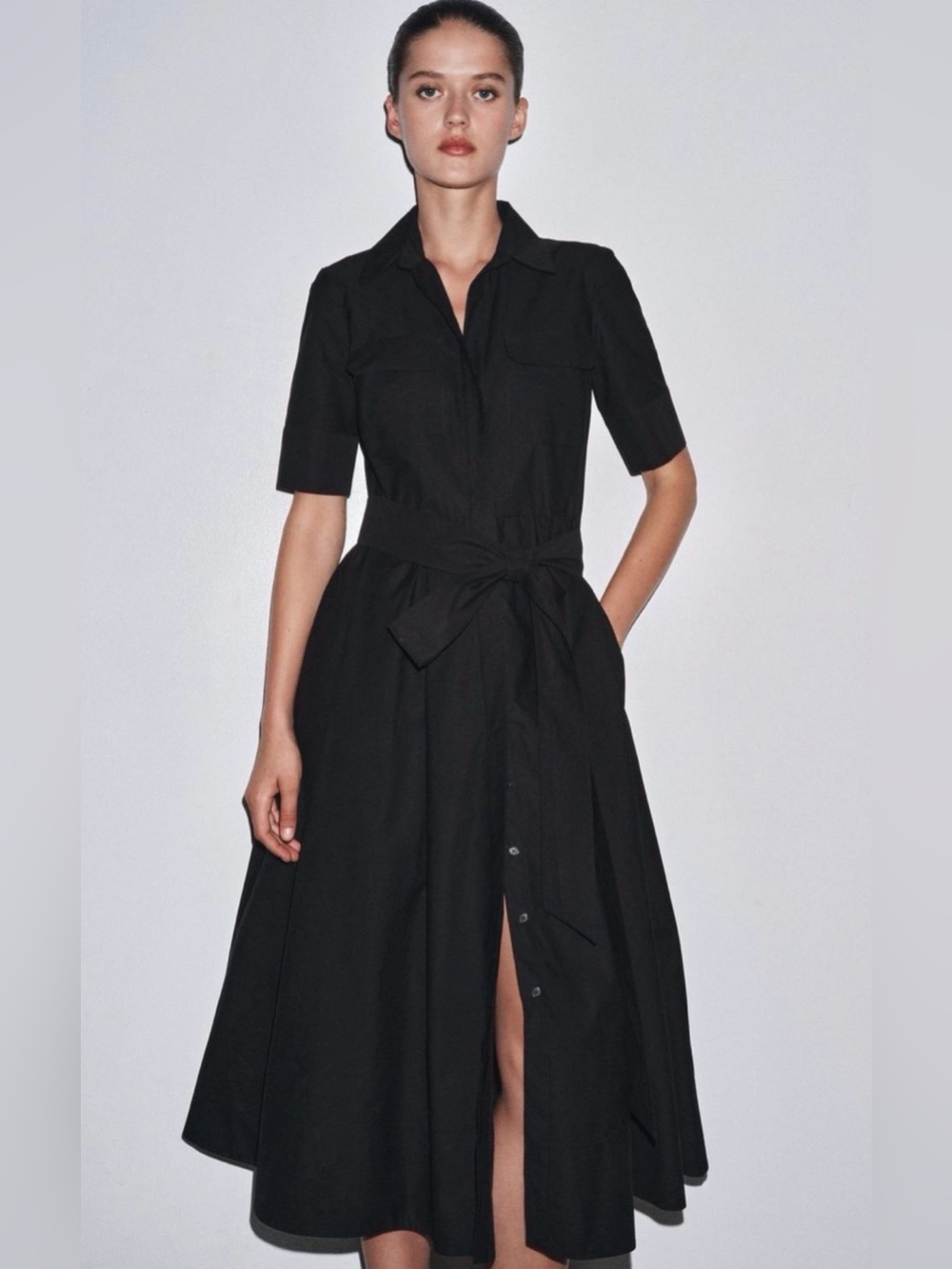 Zara Poplin Cotton Blend Shirt Midi Dress Lapel Collar Belt Front Button Closure